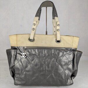 Authentic Chanel Paris Biarritz GM Tote Bag Silvery Cream Handbag Made in Italy